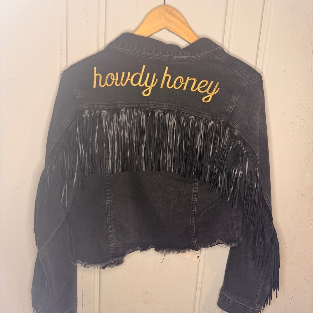 CUSTOM HOWDY HONEY Black Fringed Jean Jacket